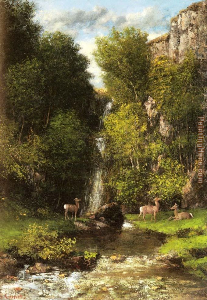 A Family of Deer in a Landscape with a Waterfall painting - Gustave Courbet A Family of Deer in a Landscape with a Waterfall art painting